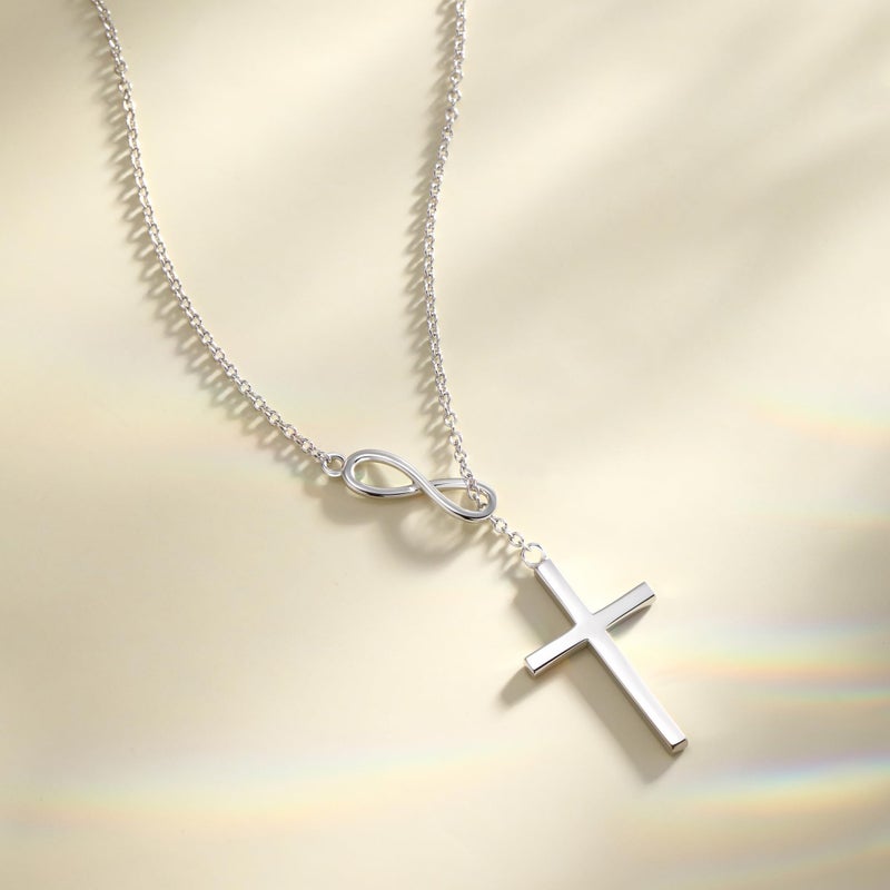 FANCIME White Gold Plated 925 Sterling Silver High Polished Infinity Cross Pendant Lariat Necklace Y Necklace Gift for Women, 18" - Image 5